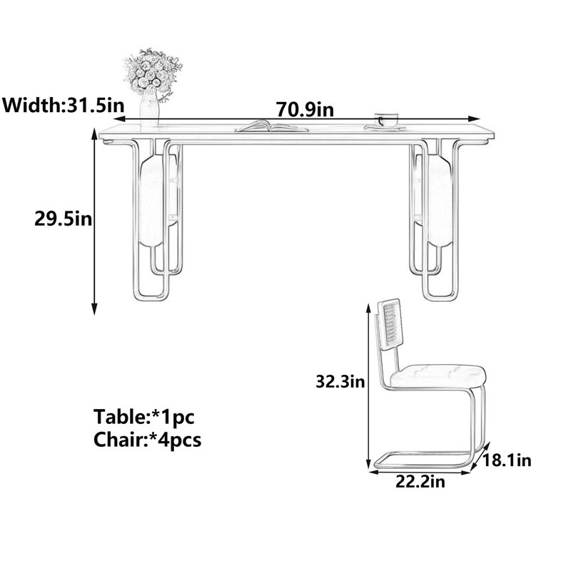 Atsabe, H 29,5 po x L 70,9 po x l 31,5 po, 5 pièces: table, 4 chaises