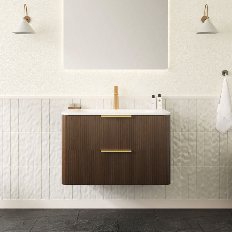 Meuble-lavabo 30 avec lavabo, armoire de rangement flottante en contreplaqué ultra-rayé avec tiroirs, lavabo intégré en pierre frittée blanche Carrara, pré-assemblé