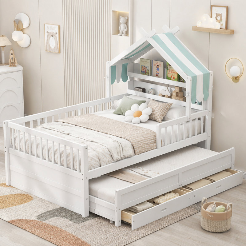 Lit double en bois avec tête de lit, Double, Naturel, Étagères