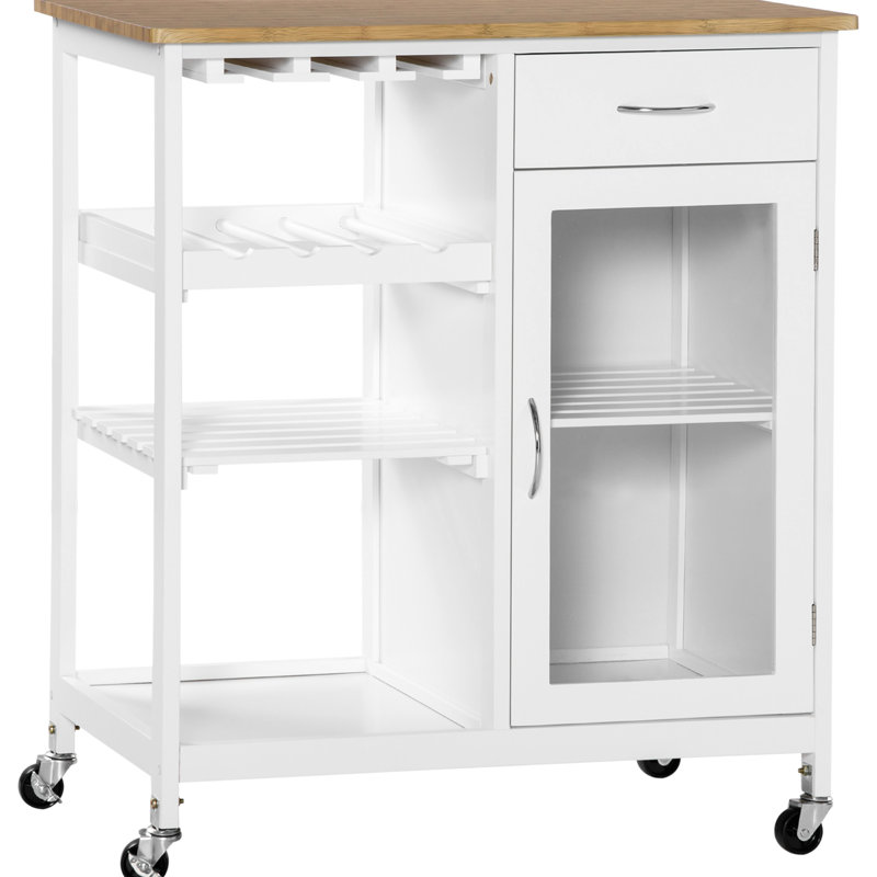 Îlot de cuisine blanc avec 4 porte-bouteilles, porte-verres à pied, armoire à tiroirs, mobile, rangement fonctionnel blanc et portable