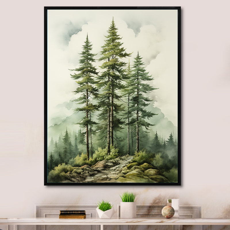 Vert arbre vert Eternal Guardians II - arbre pin, art mural encadré, H 20 po x l 12 po x P 1 po, Cadre flottant noir