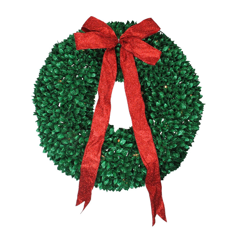 Couronne de Noël artificielle pré-éclairée à feuilles scintillantes - lumières claires de 28 pouces