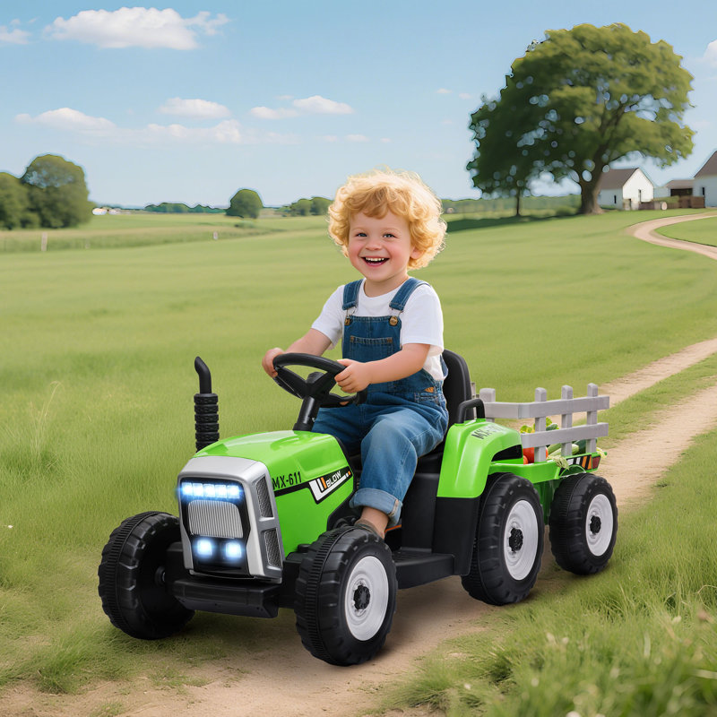 Seeneytown Zoomie Electric Ride on Tractor and Trailer 12V for Ages 3-6 Years, Green