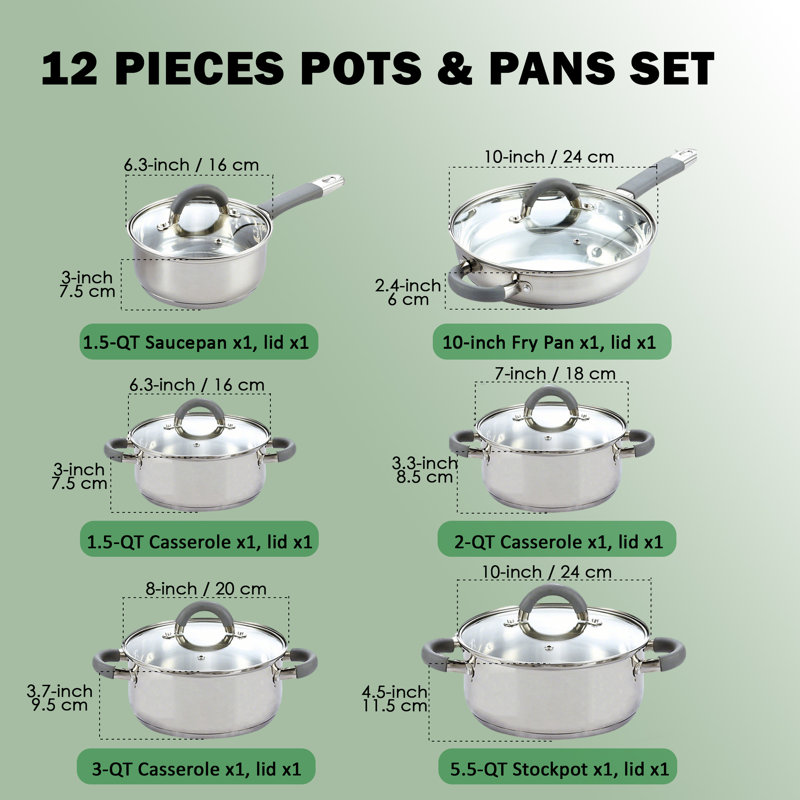 Ensemble de batterie de cuisine en acier inoxydable Cook N Home, ensemble de casseroles et de poêles à 3 épaisseurs 12 pièces avec poignée Stay-Cool, non toxique, compatible avec l'induction, va au lave-vaisselle et au four, peut être combiné avec toutes les surfaces de cuisson