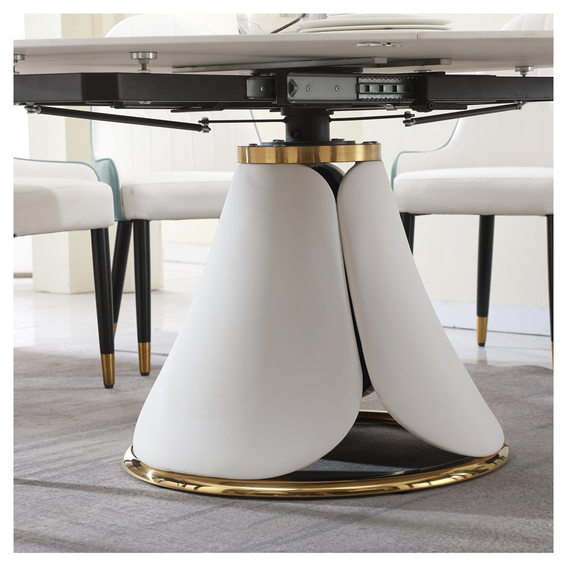Ensemble de table de salle à manger extensible moderne en pierre frittée avec 8 chaises rembourrées - Table de cuisine ronde à piédestal en marbre blanc