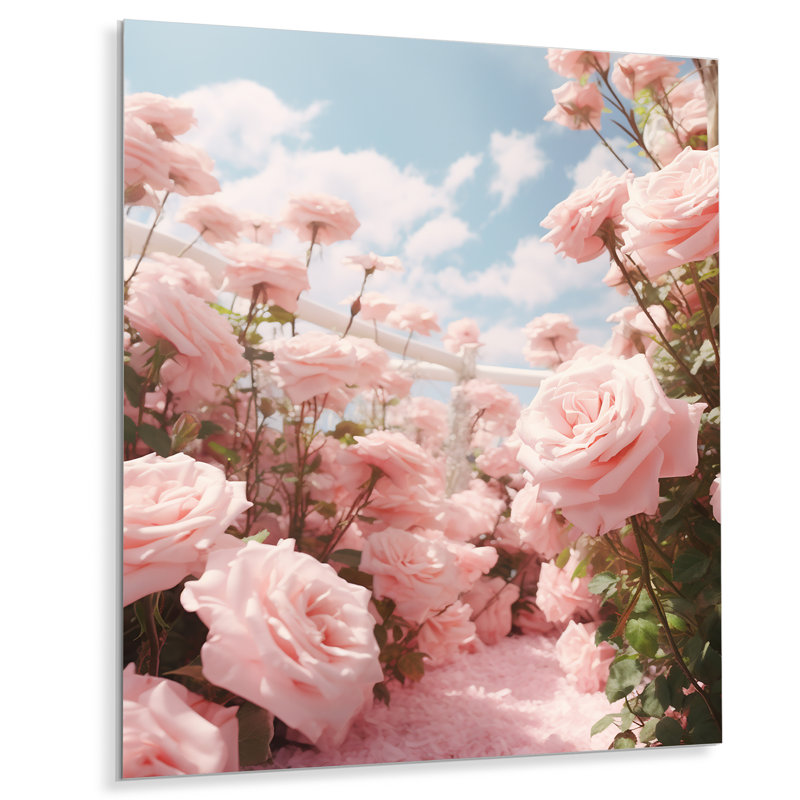 Impression d'art mural «Pink Rose Field Summertime Blue - Roses», H 20 po x l 12 po x P 1 po, Métal métal