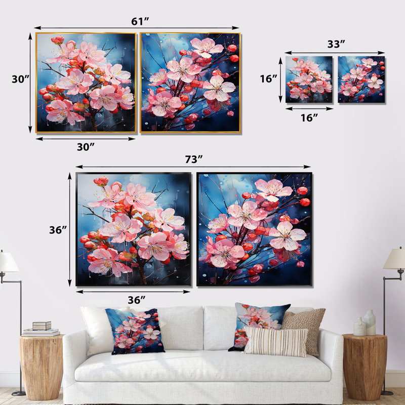 Collage de fleurs de pommier rose I - ensemble de 2 collages floraux carrés, Cadre flottant noir, H 30 po x l 61 po