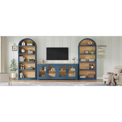 Ensemble de meuble télé 3 pièces avec bibliothèque pour téléviseur de 70 po ou moins, centre de divertissement bicolore en grain de bois avec design arqué, buffet de ferme avec portes en verre trempé pour le salon, naturel
