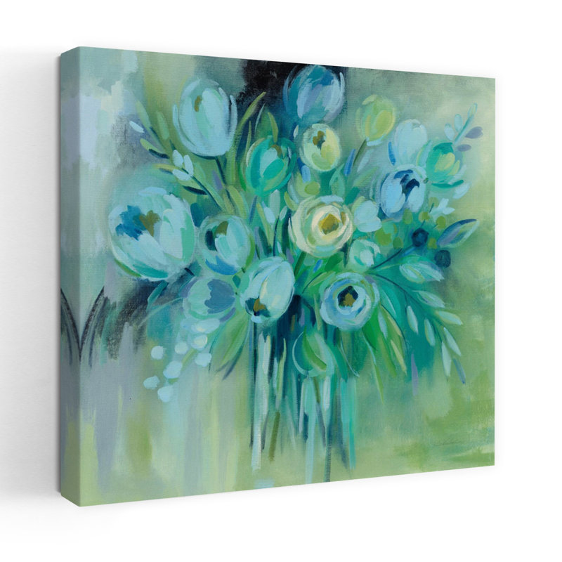 Art contemporain avec aurores boréales et bouquets bleus, H 48 po x l 48 po