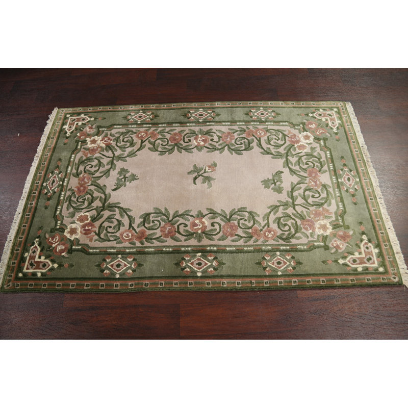 One-of-a-Kind 3'8'' x 5'10'' New Age Rectangle Wool Area Rug in Green and Pink