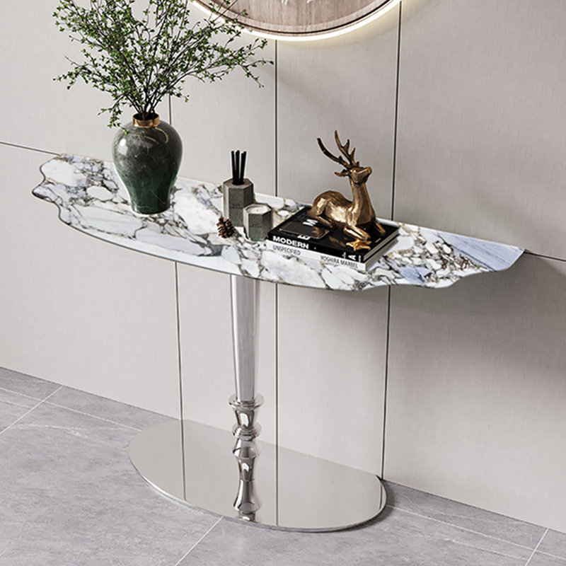 Console en pierre frittée de style américain, Blanc / Noir / Argent, H 33,4 po x l 47,2 po x P 13,7 po