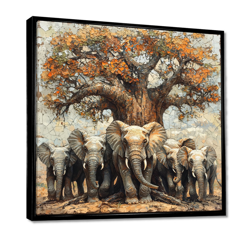 Éléphants d'Afrique par le baobab II - Éléphant, reproduction d'art sur toile, Impression encadrée flottante