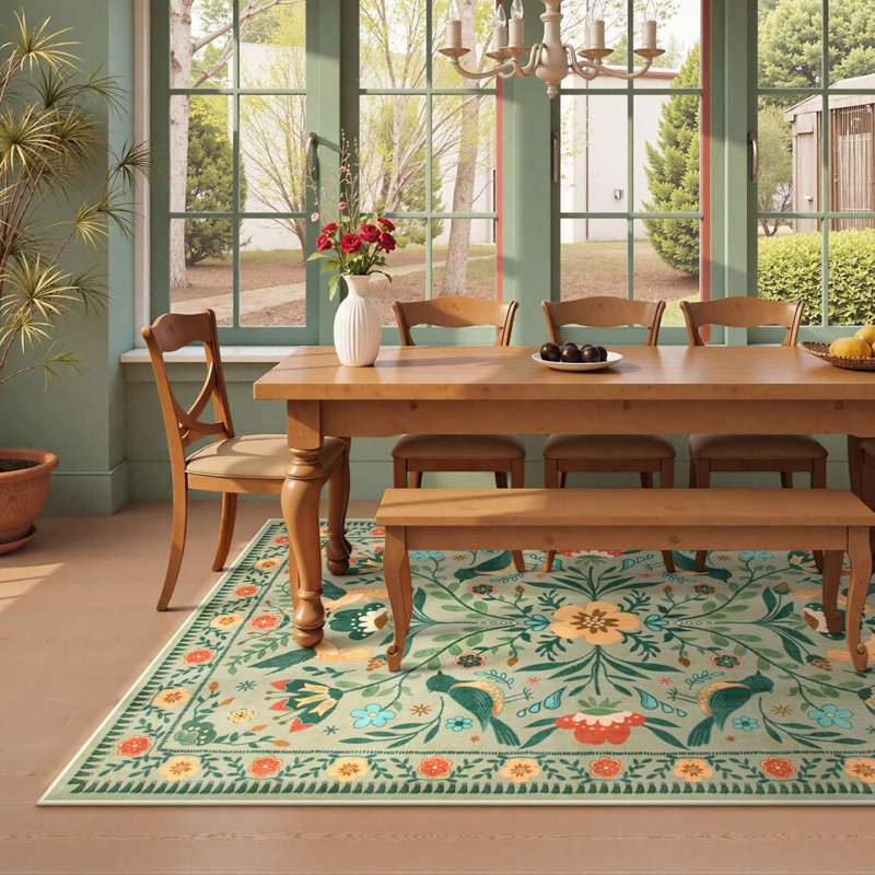 Goldene Boho Washable Botanical Green Area Rugs for Living Room, Low-Pile Floral Rug with Non Slip Backing For Bedroom Dining Room