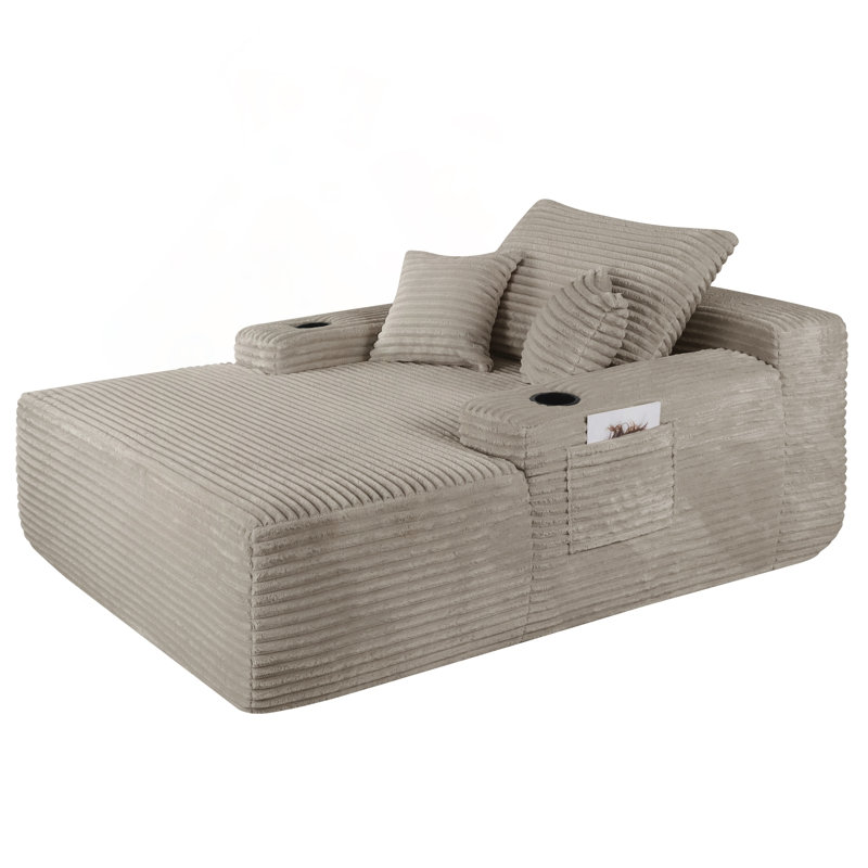 Chaise longue convertible avec accoudoirs larges, coussins décoratifs et porte-gobelet, sans assemblage, Coffee Corduroy