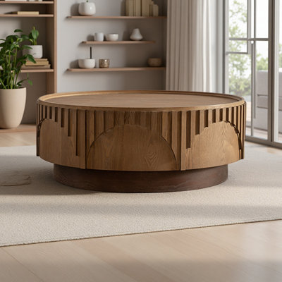 Coffee Table Round Wood Modern Solid Wood Veneer Handcrafted Relief Tea Table With Sturdy Pedestal For Apartment