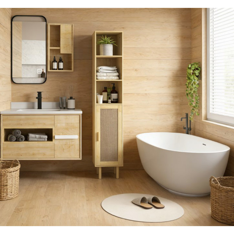 Armoire de rangement autoportante pour salle de bain, Chêne