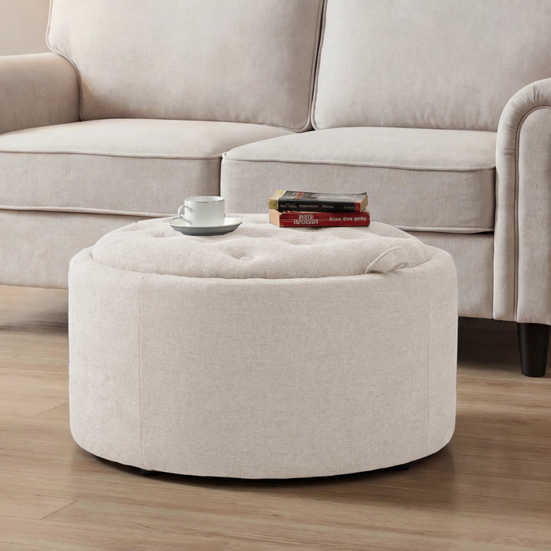 Repose-pieds capitonné rond 27,2 po avec rangement, Chenille - Oatmeal