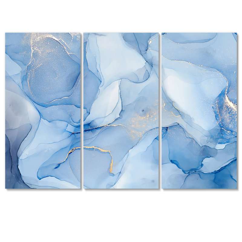 Art à l'encre liquide dans des tons de bleu clair I - impression d'art moderne sur toile, H 32 po x l 48 po x P 1 po
