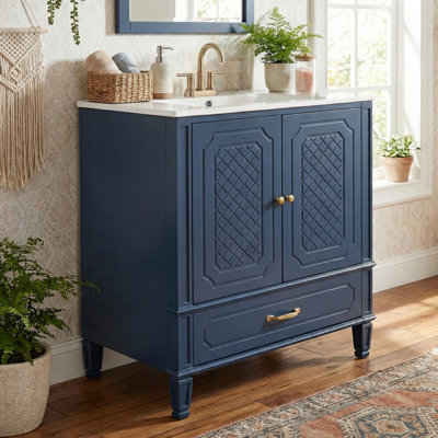 Meuble-lavabo de 30 po avec lavabo, armoire de rangement bleue de style rétro avec portes et tablettes à fermeture douce | Idée de cadeau