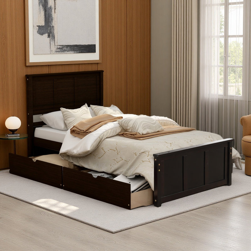 Lit plateforme simple avec 2 tiroirs, Brun