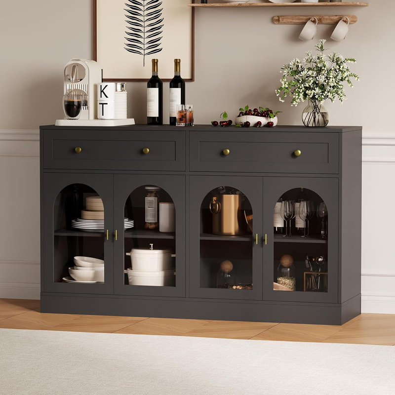 55 Inch Wide Sideboard Buffet Cabinet with 4 Acrylic Doors & 2 Drawers, Farmhouse Kitchen Storage Cabinet, Wooden Console Table for Living Room, Dining Room, Entryway