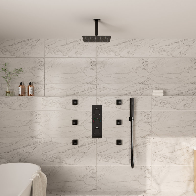 Système de douche thermostatique à 3 fonctions avec 6 jets de corps et valve brute, Noir mat
