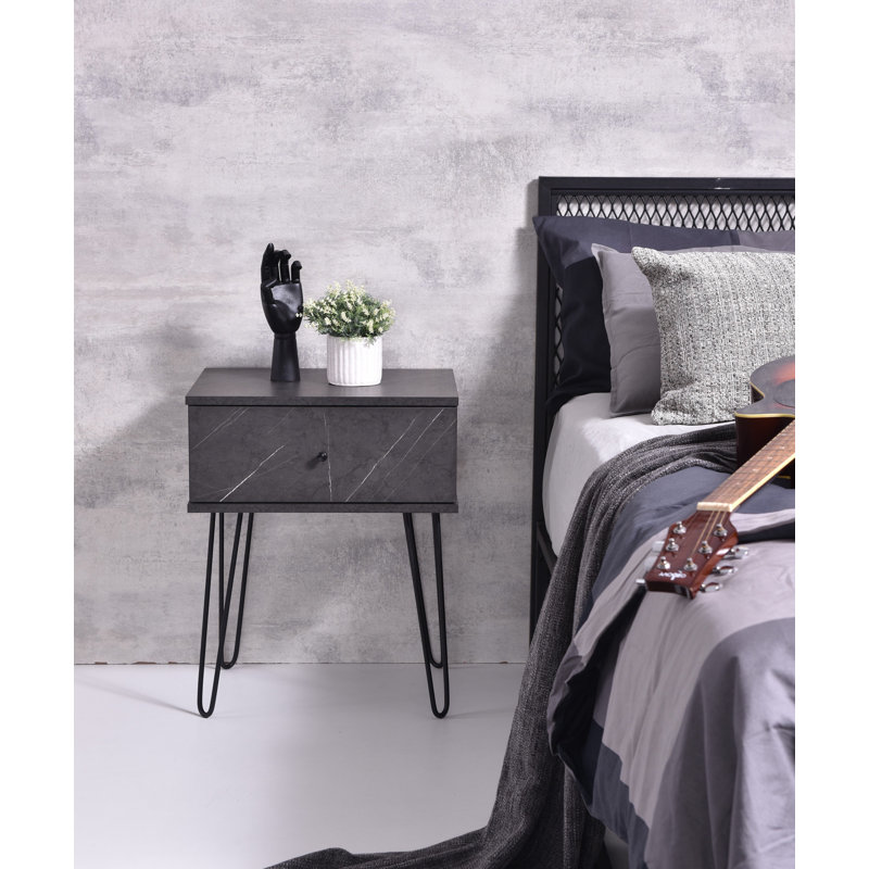Muir 50.2cm W Iron + Manufactured Wood Bedside Table, Grey Stone