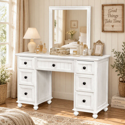 48" Timeless Farmhouse Vanity Dresser with 7 Drawers, Solid Pine Wood Composite Dresser with Bead Panel Drawers for Bedroom