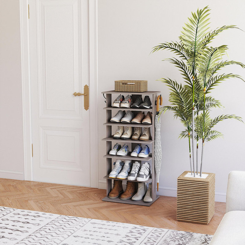 Shoe Rack,7 Tier Shoe Storage Organizer With Hooks, Entryway Shoe Tower,12-14Pairs Shoes,Vertical Shoe Organizer,Vertical Shoe Organizer,Easy Assemble,Saving Space,Rustic Gray