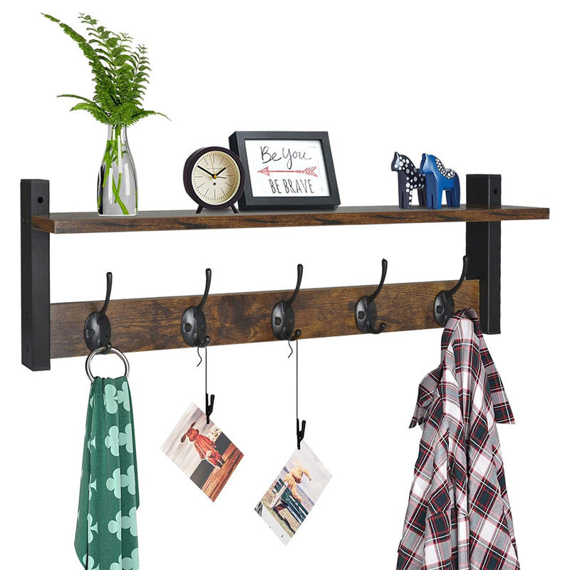 24'' Rustic Brown Wall Mounted Coat Rack with Shelf and Black Hooks