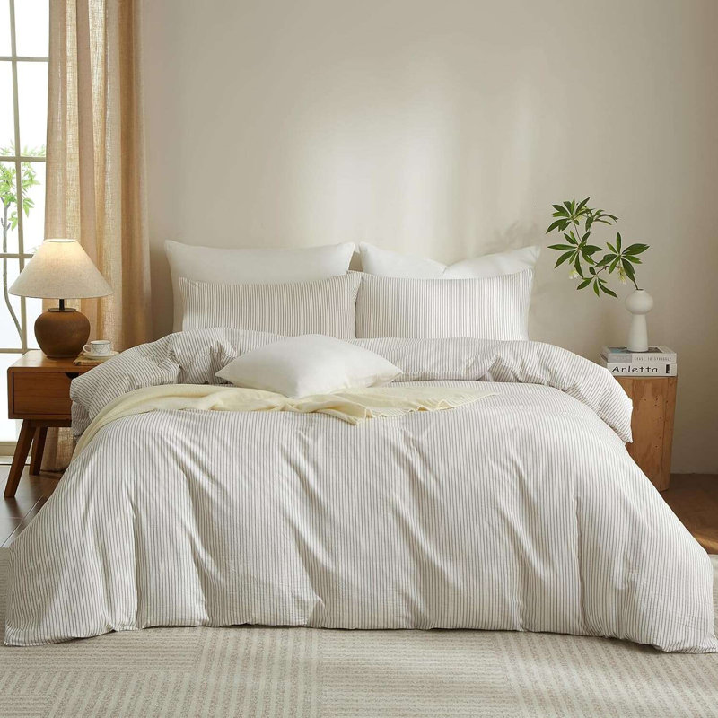 Ensemble de housse de couette XINMIANFANG, White/Light Brown, Housse de couette double + 2 taies d'oreiller stan