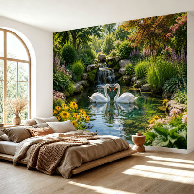 Wall Mural Peel and Stick Wallpaper Elegant Swans Garden Pond Waterfall Vibrant Flowers Self-Adhesive Removable Contact Paper Wall Decor for Living Room Bedroom 69"H x 96"W