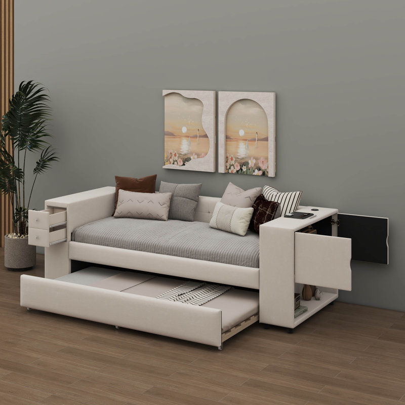 Lit simple tapissier avec lit gigogne pour un espace de sommeil supplémentaire, Beige