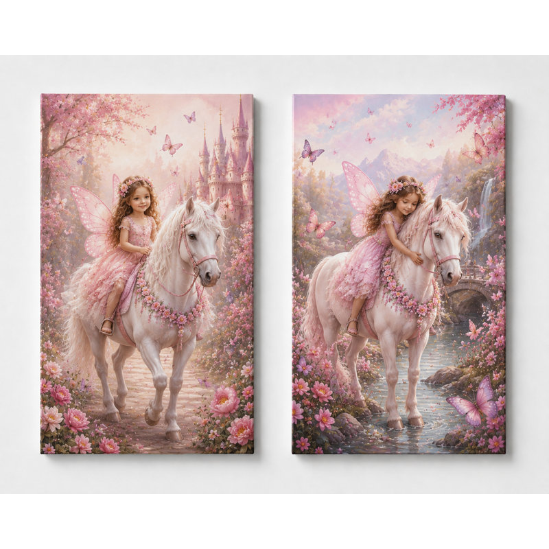 Grand ensemble de 2 impressions murales de fée, licorne, poney, château rose sur toile pour chambre d'enfant, impression sur toile 16 x 24 pouces - prête à être accrochée
