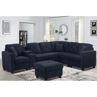 7 Dark Blue Sectional Microfiber Soft Touch Skin- High Cushions Two Cup Holders Solid Wood Frame For Enduring Comfort Enhanced