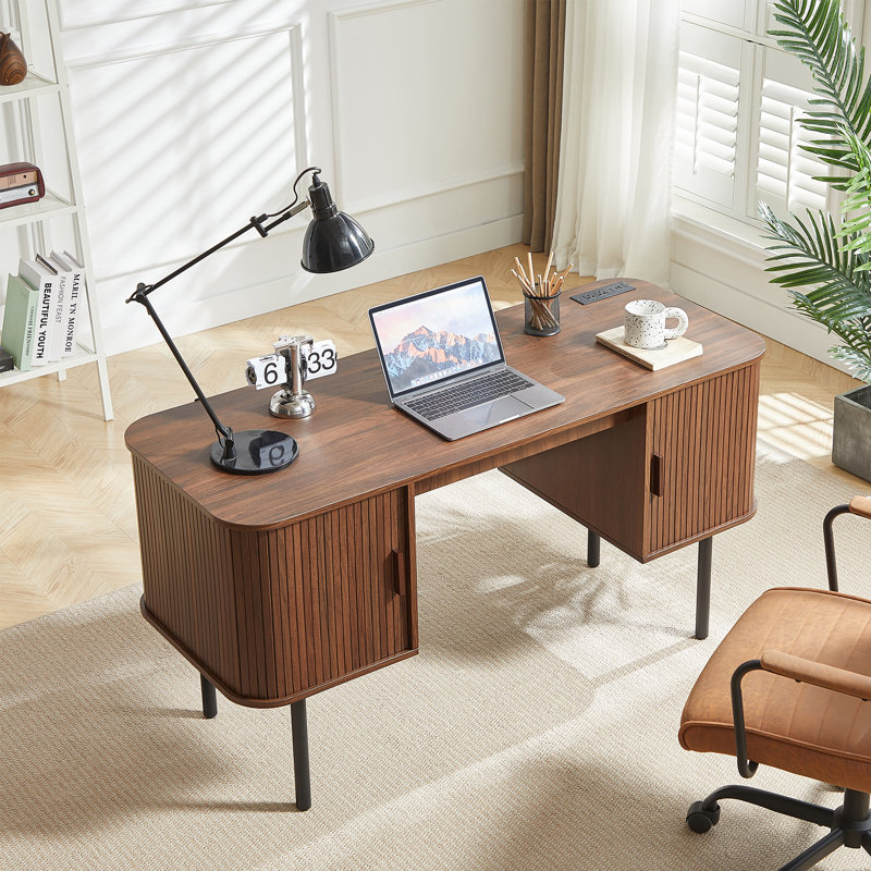 55'' Computer Desk With 2 Storage Cabinets, Mid Century Executive Desk With Charging Station, Modern Home Office Large Desk With Adjustable Metal Legs
