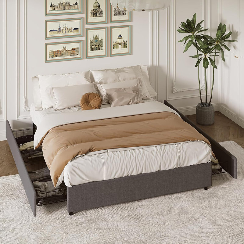 Structure de lit plateforme double avec 4 tiroirs de rangement, support de lattes en bois, silencieux, assemblage facile, gris foncé