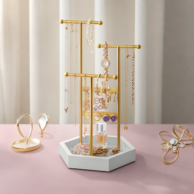 Porte-bijoux, organisateur de bijoux, 3 niveaux et 1 plateau, présentoir à bijoux avec cadre en métal
