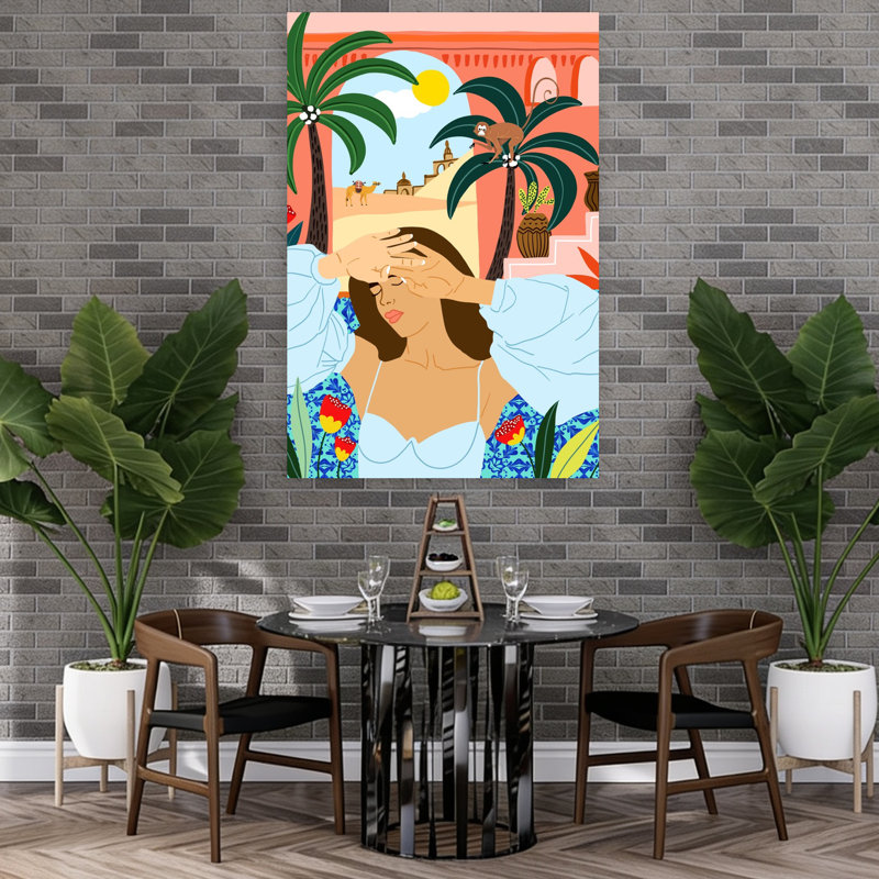 Ensoleillé, désert, rêves, coloré, vibrant, palmier abstrait, architecture de singe, art mural, 36" H x 24" W