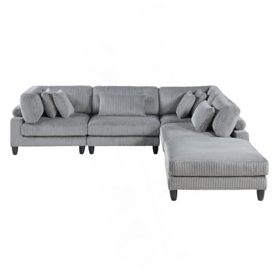 5Pc Modular Sectional Set Gray Corduroy Upholstery 2X Armless Chairs 2X Corner Seats 1X Ottoman Pillows Living Room Furniture