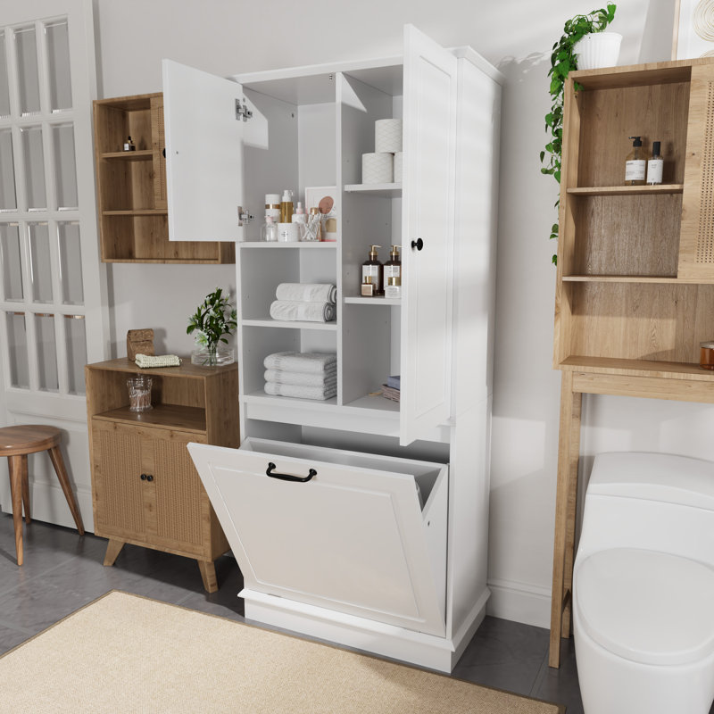 Bathroom Cabinet With Tilt-Out Laundry Hamper,Bathroom Laundry Cabinet With Adjustable Shelves,Freestanding Style, White