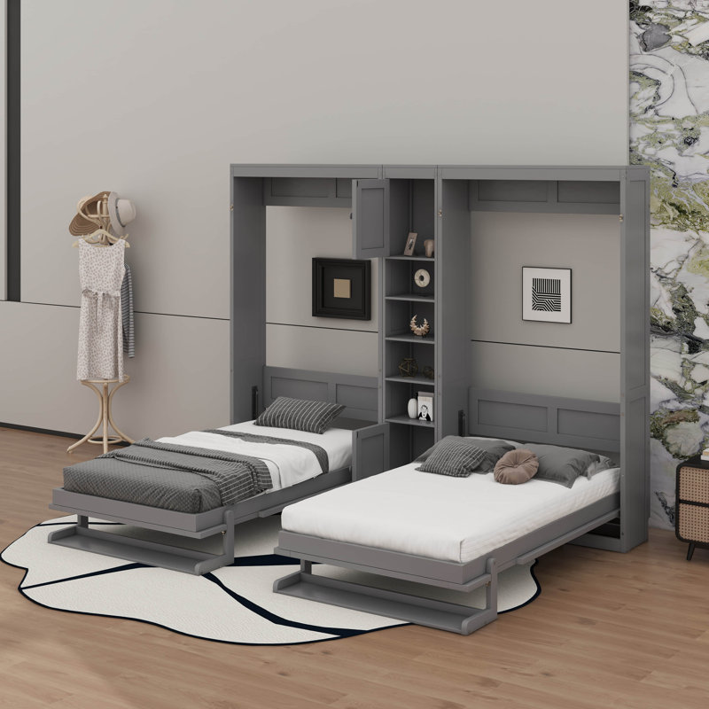 Lit escamotable avec armoires et tablettes, lit escamotable mural en bois, lit plateforme pliable, Gris