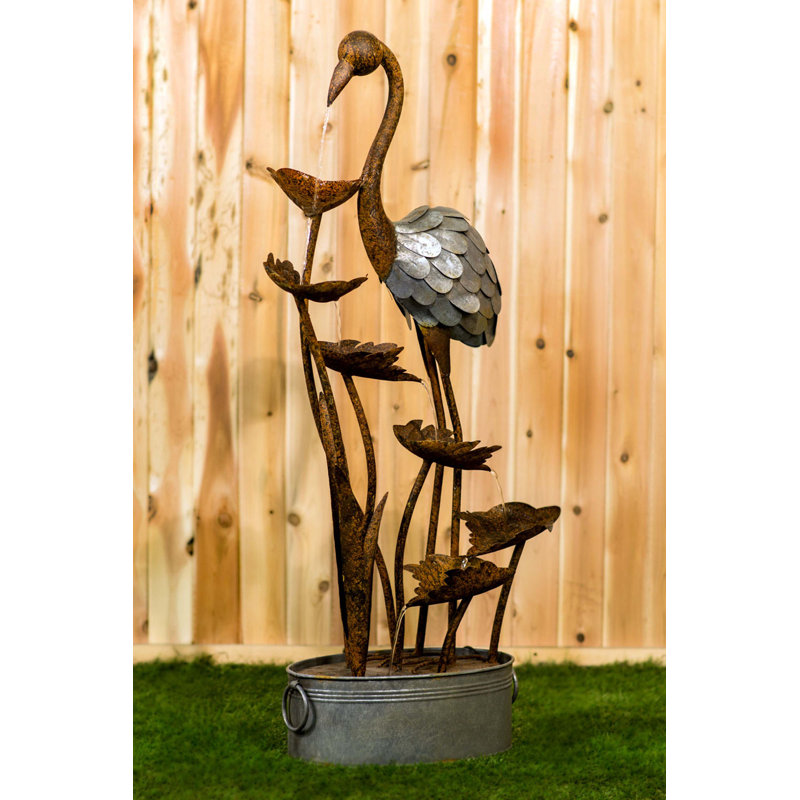 Rustic Metal Flamingo Garden Fountain with Leaves