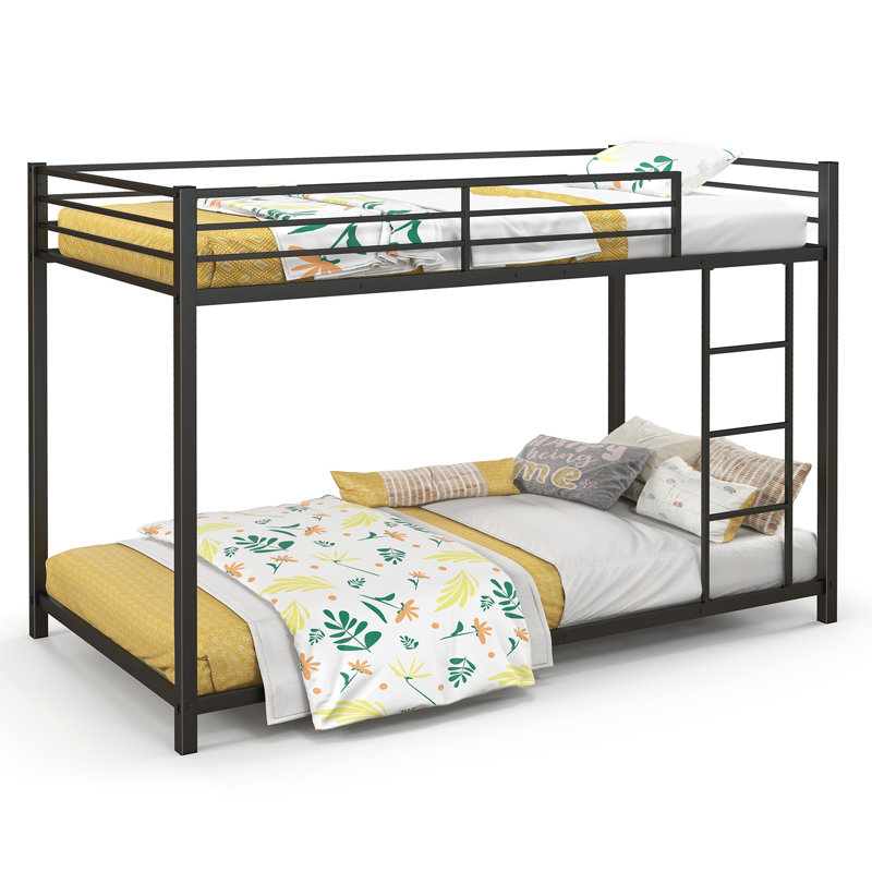 Metal Bunk Bed Low Profile Single Over Single Bunk Beds w/Ladder, Black