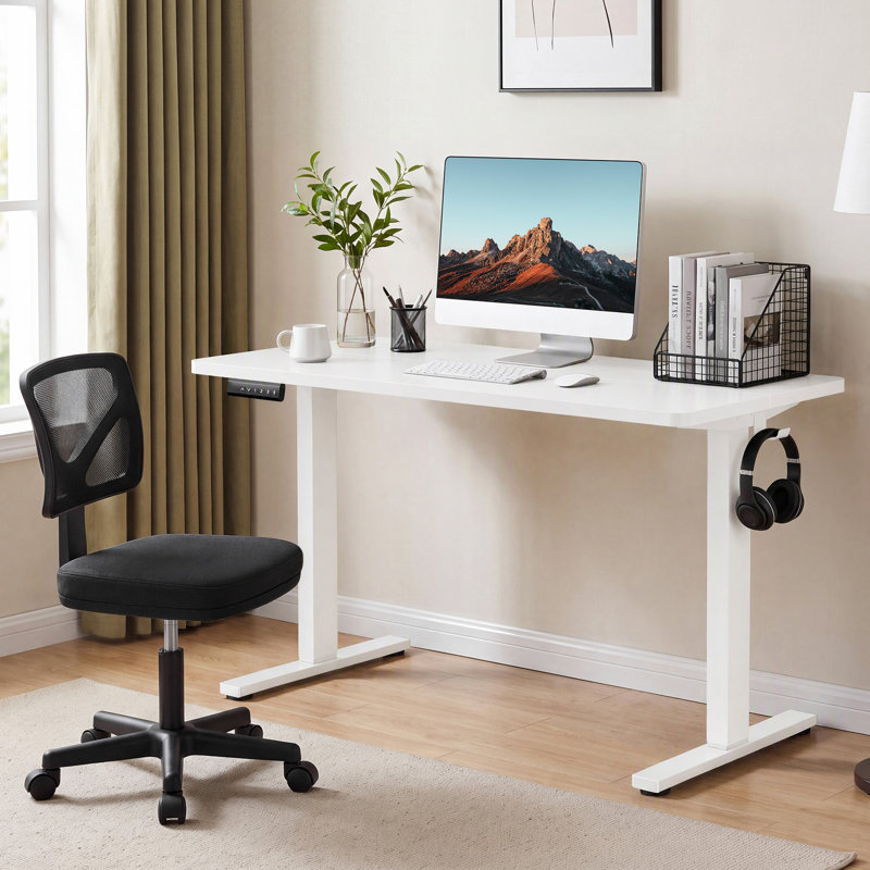 Ensemble de bureau: chaise de bureau en filet et bureau électrique, Blanc