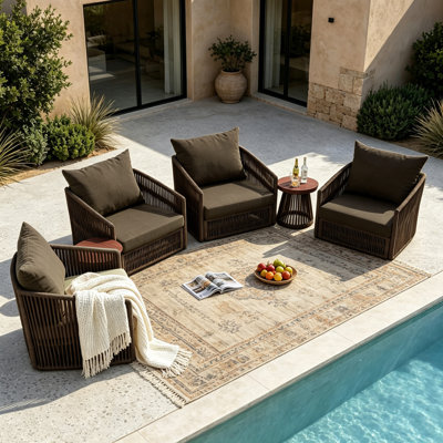 Ensemble de patio extérieur pivotant en corde pour quatre personnes avec coussins et deux tables d'appoint