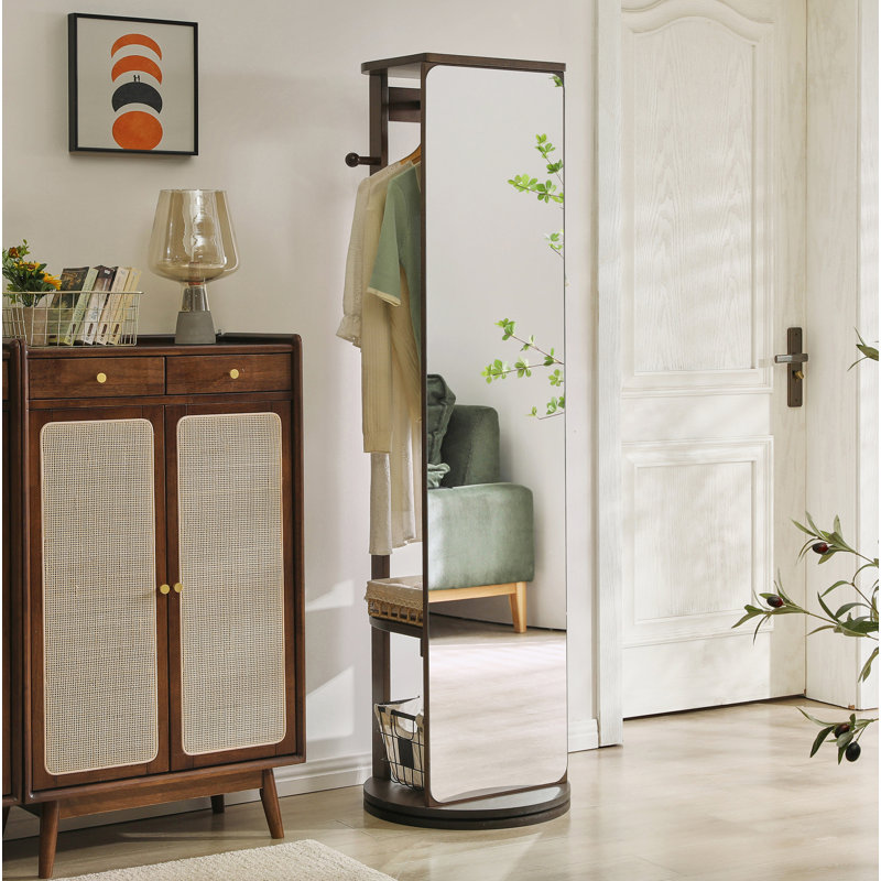 Armoire à miroir pleine grandeur en bois d'hévéa massif, armoire à bijoux autoportante avec crochets et tablettes multifonctionnels pour la chambre à coucher et le placard