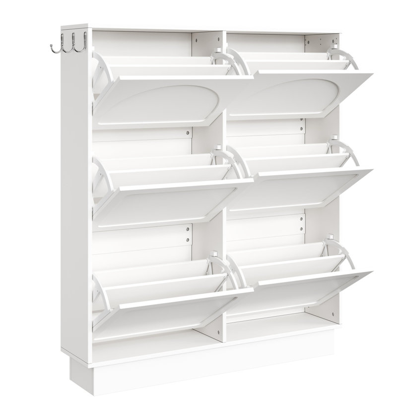 Armoire à chaussures peu encombrante avec 6 tiroirs rabattables, tablette réglable, 3 crochets, conception étroite et moderne, style crème, couleur blanche, - - dispositifs à embout, trous de circulation d'air, rangement double couche coloré, finition,