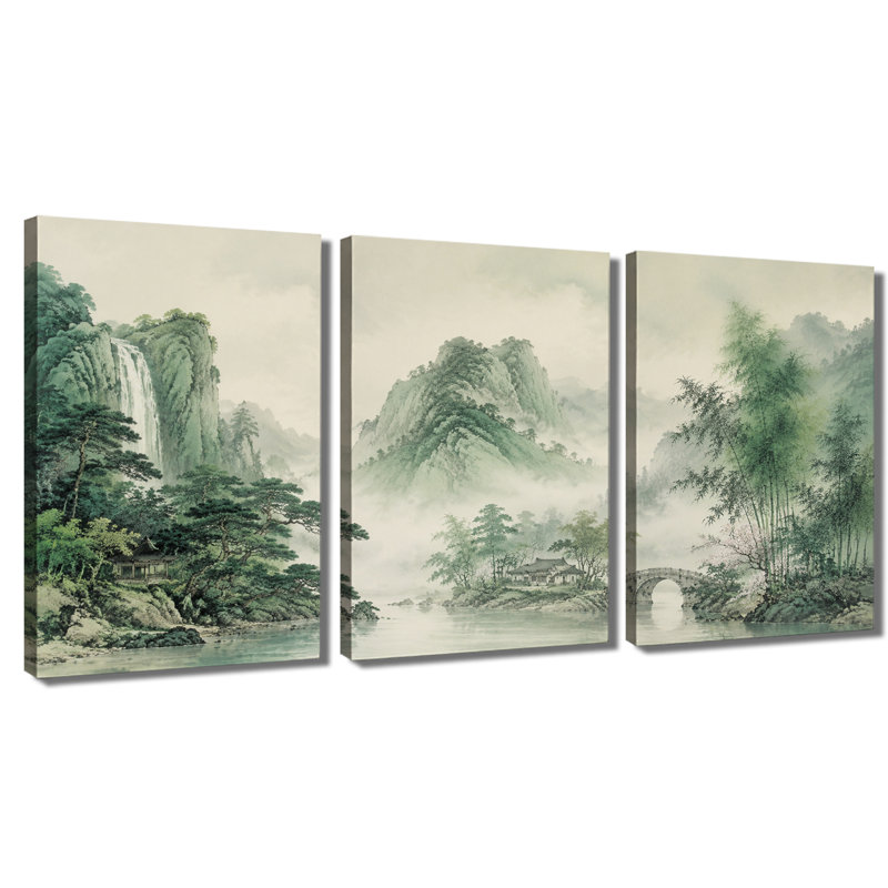 Impression sur toile avec 3 panneaux muraux, montagne verte, paysage chinois, 16 * 24 pouces * 3