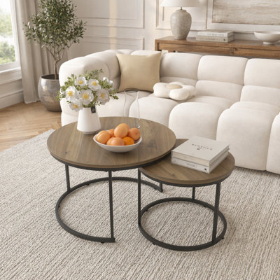 Ensemble de 2 tables basses gigognes, finition en bois industriel rond de 27,6 pouces avec cadre en métal robuste pour le salon et la chambre à coucher